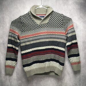 Tommy Hilfiger Mens Knit‎ Sweater size XL Holiday Theme Gray Striped Shawl Neck